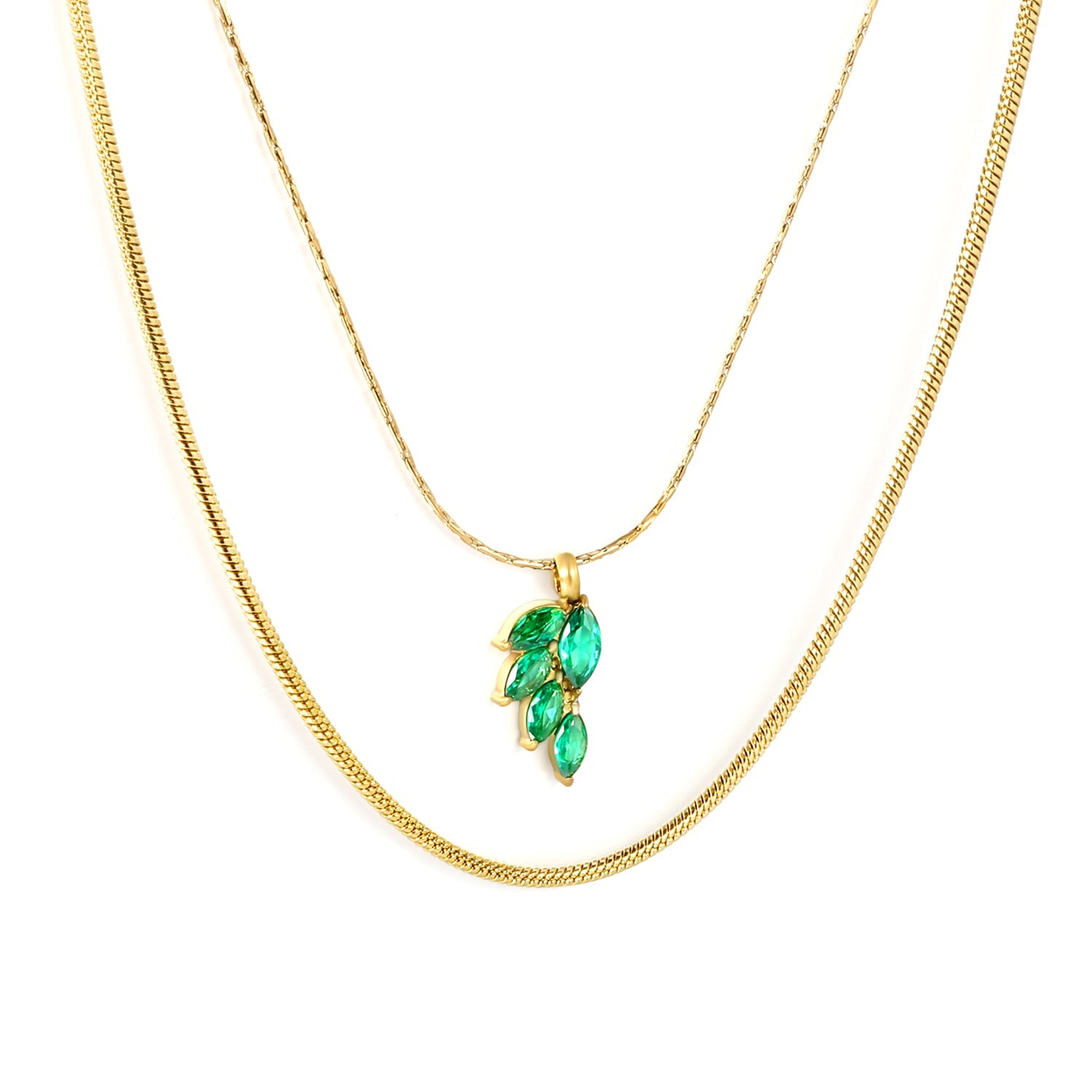 6.4*11mm Leaf with Green Zirconium Pendant 1.2 Round Snake*45cm0.6 Cross Hammered Round Chain*40cm+5cm+6mm Round Plaque Double Chain Necklace Gold asonjewelry